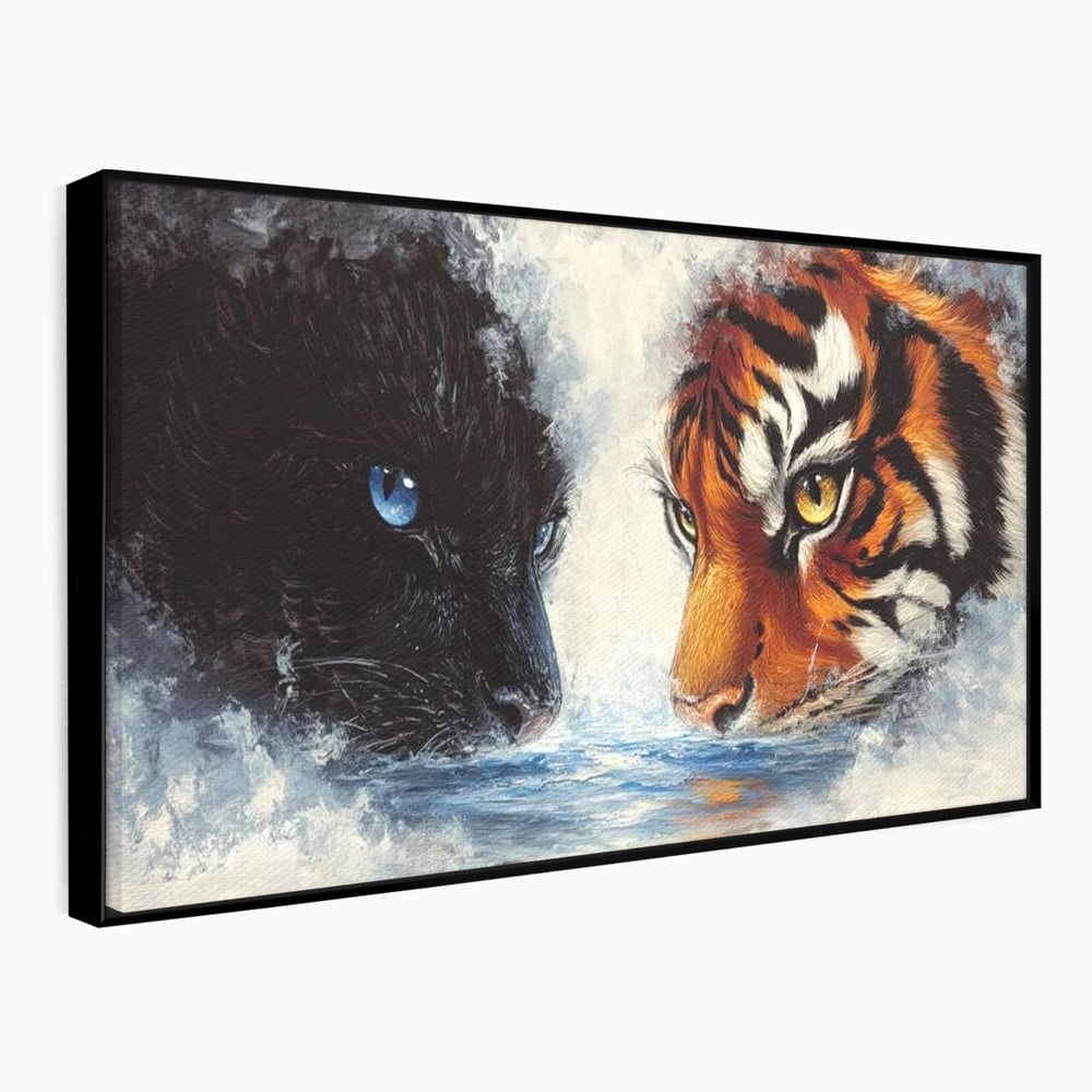 Tablou canvas cu tablou canvas cu pantera si tigru, in rama de aluminiu negru